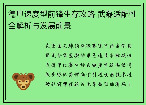 德甲速度型前锋生存攻略 武磊适配性全解析与发展前景