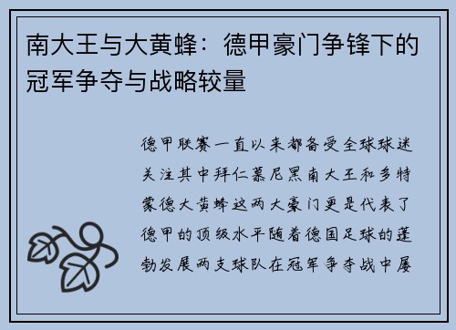 南大王与大黄蜂：德甲豪门争锋下的冠军争夺与战略较量