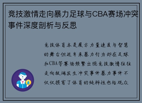 竞技激情走向暴力足球与CBA赛场冲突事件深度剖析与反思