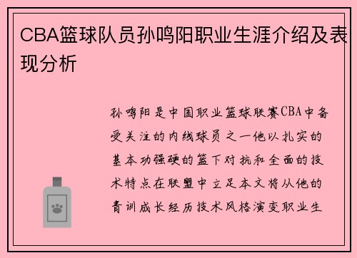 CBA篮球队员孙鸣阳职业生涯介绍及表现分析